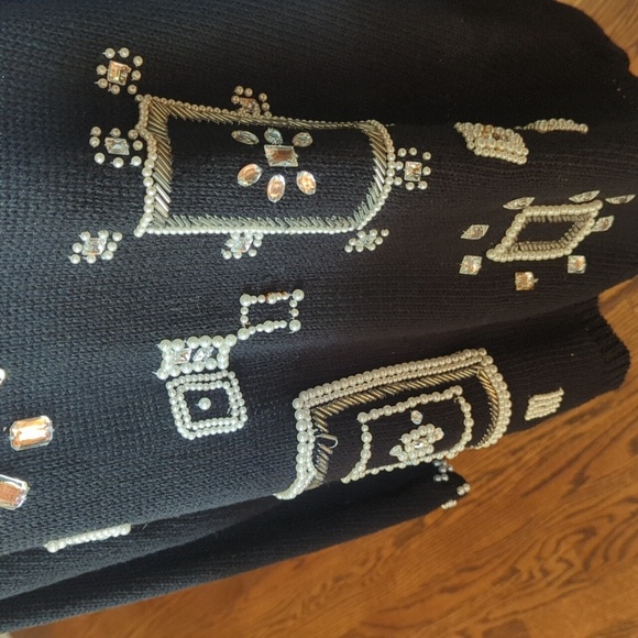 Vtg Ramie Black Embellished Pearls/Crystal Tunic Black Cowl Knit Sweater Sz M - Picture 6 of 12